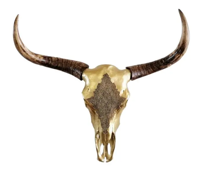Stierkopf XXL Gold mit naturfarbenen Hörnern Polyresin 73 × 73 cm