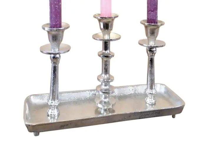 Kerzenständer 3-armig Silber auf Tablett aus Aluminium 31 cm