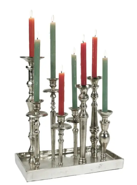 Kerzenständer 8-armig Silber Raw auf rechteckigem Tablett 44 cm