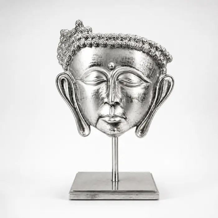 Buddha-Kopf XXL auf Standfuß Aluminium Silber 57 cm – Colmore