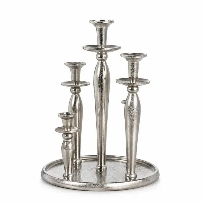 Kerzenständer 5-armig Silber Raw auf rundem Tablett 44 cm