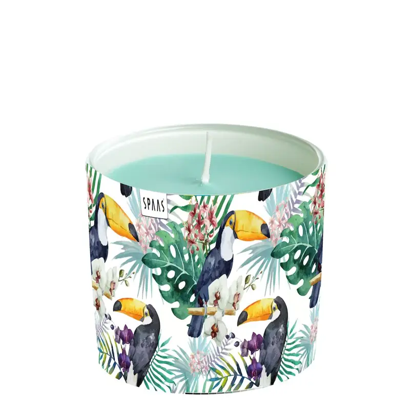 Kerze im Glas „Toucan“ mit Motiv, 30 Stunden