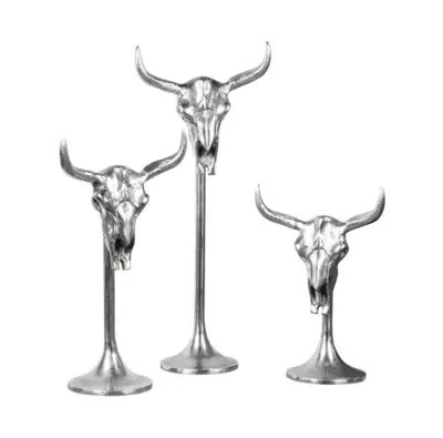 Stierkopf auf Standfuß Aluminium Silber Größe S – 34 cm