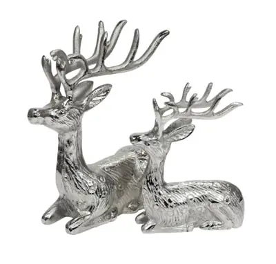 Hirsch-Figuren liegend 2er Set Aluminium Silber 21 / 27 cm