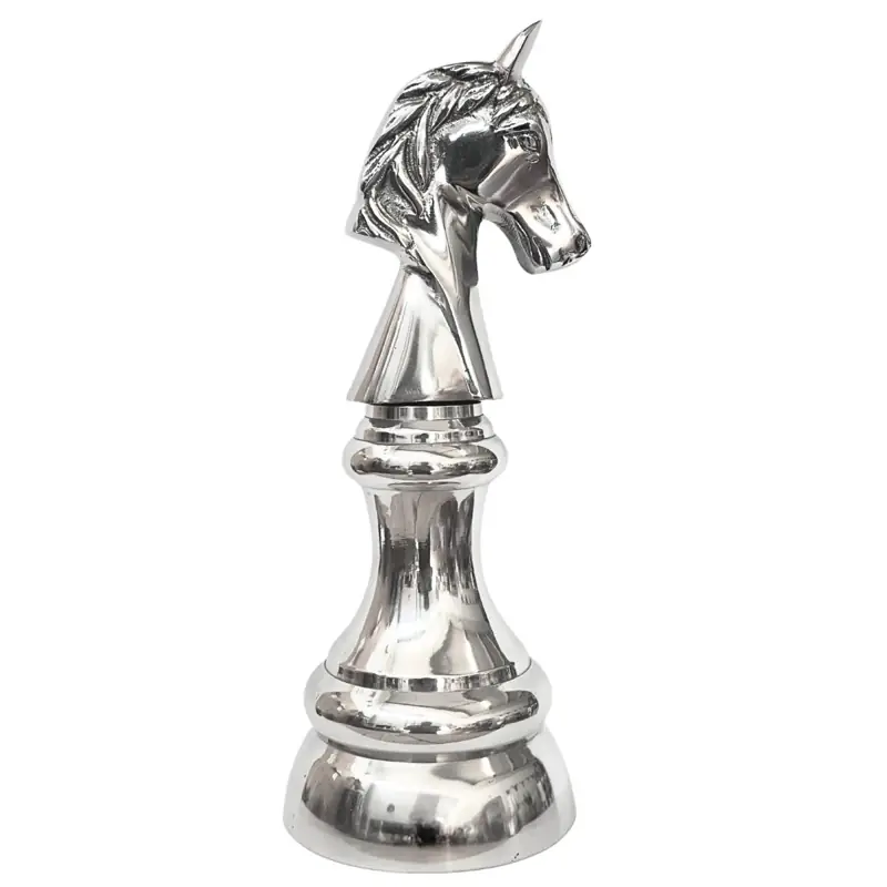 Schachfigur Springer XL Deko Aluminium Silber poliert 31 cm