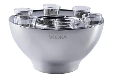 Wodkakühler „VODKA“ Edelstahl mit 6 Shotgläsern Silber