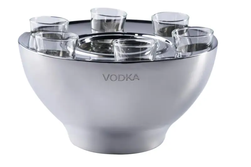 Wodkakühler „VODKA“ Edelstahl mit 6 Shotgläsern Silber