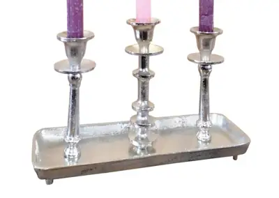 Kerzenständer 3-armig Silber auf Tablett aus Aluminium 31 cm