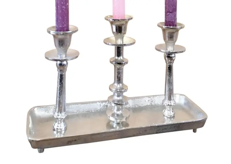 Kerzenständer 3-armig Silber auf Tablett aus Aluminium 31 cm