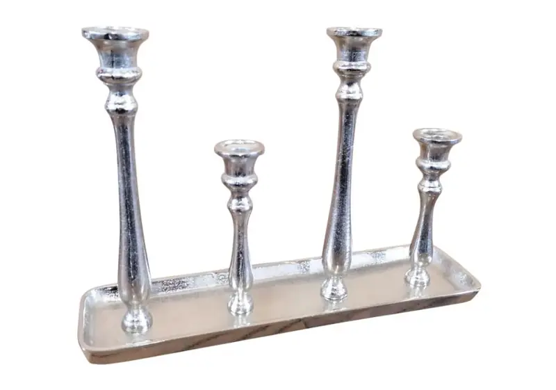 Kerzenständer 4-armig Silber auf Tablett aus Aluminium 40 cm