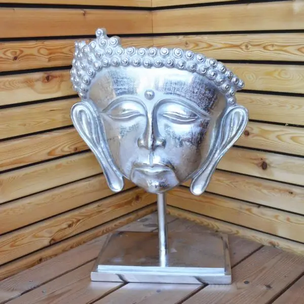 Buddha-Kopf XXL auf Standfuß Aluminium Silber 57 cm – Colmore